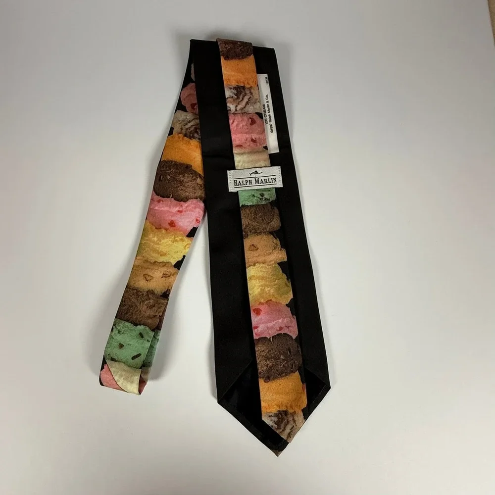 Vintage 1997 Ralph Marlin Ice Cream Novelty Tie USA Dessert Scoops Black Necktie
